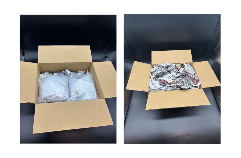 鉢の梱包、新聞紙で保護。