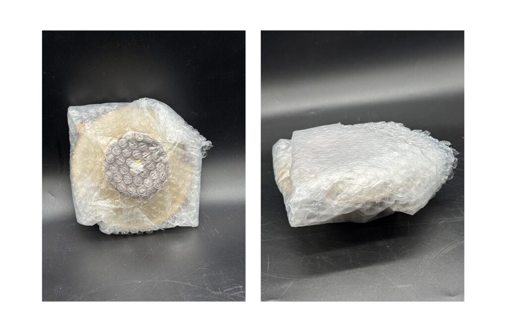 鉢の梱包、一重クッション。